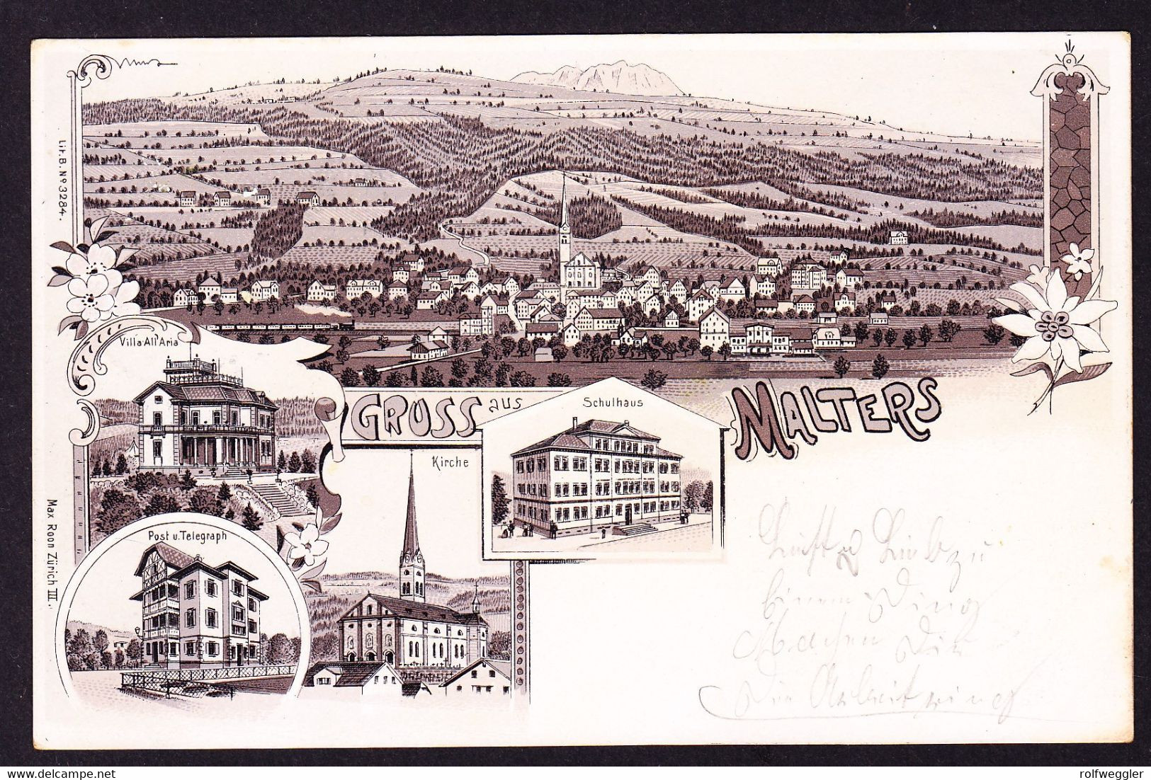 1900 Gelaufene Litho AK: Gruss Aus Malters, 5 Bildrig. Mit Post Und Schulhaus. Nach Höngg. Fehlender Eckzahn Bei UPU - Malters