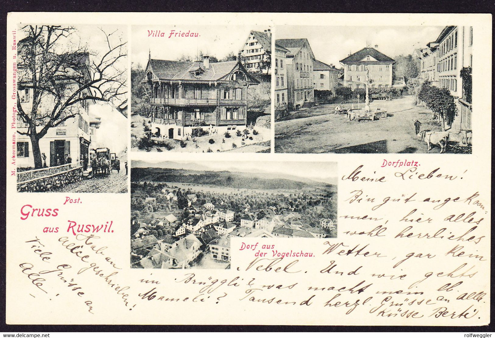 1902 Gelaufene AK: Gruss Aus Ruswil. 4 Bildrig. Villa Friedau, Post, Dorfansicht, Dorf Aus Der Vogelschau - Ruswil