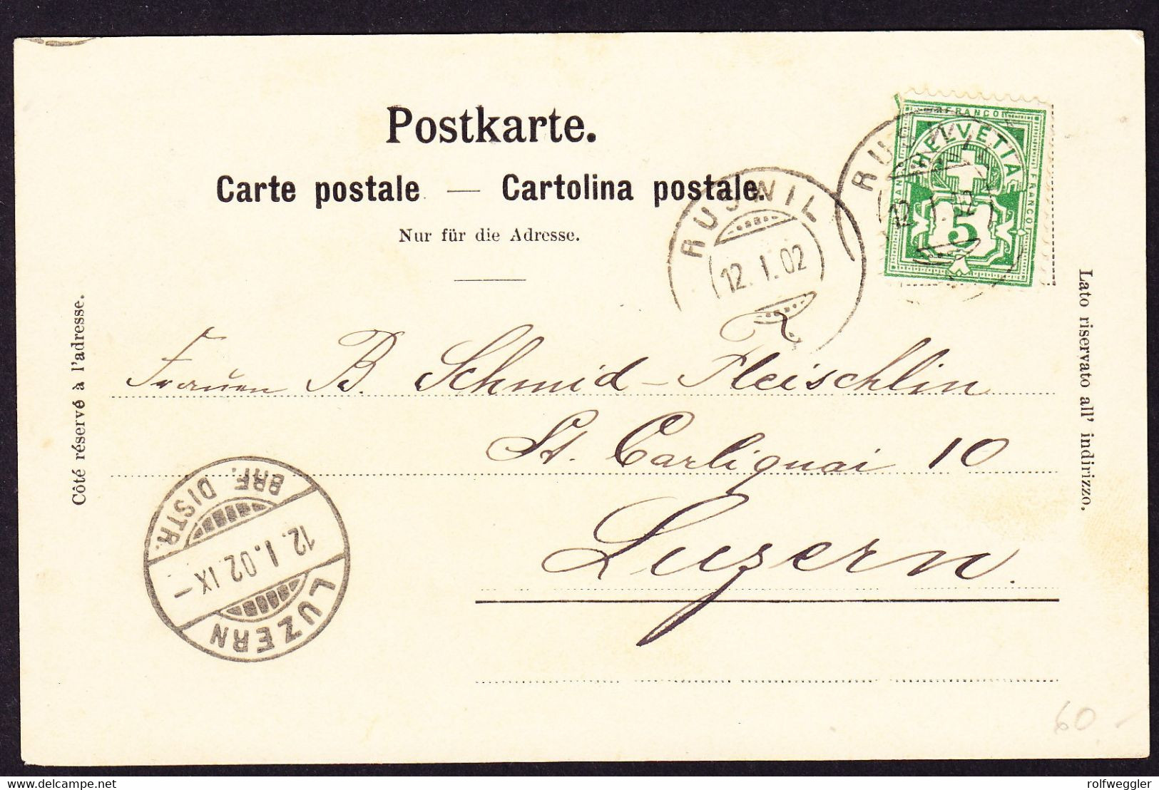 1902 Gelaufene AK: Gruss Aus Ruswil. 4 Bildrig. Villa Friedau, Post, Dorfansicht, Dorf Aus Der Vogelschau - Ruswil