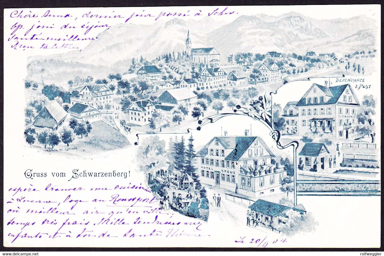 1904 Gelaufene AK: Gruss Vom Schwarzenberg. 3 Bildrig. Mit Hotel Kreuz, Dependance Und Post. Nach Bern - Schwarzenberg