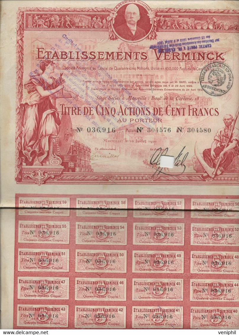 ETABLISSEMENT VERMINCK  -TITRE ILLUSTRE DE CINQ ACTIONS DE CENT FRANCS  ANNEE 1920 - Parfum & Cosmetica