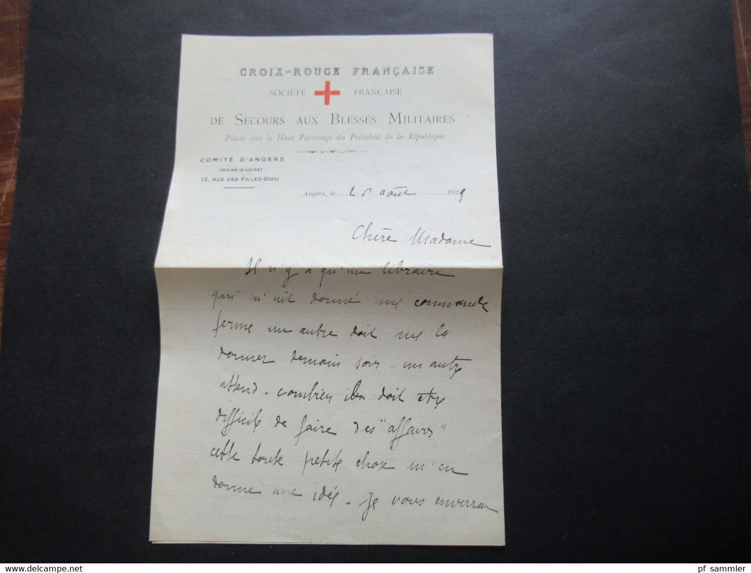 Frankreich 1921 Croix Rouge Francaise Societe Francaise De Secours Aux Blesses Militaires Comité D'Angers - Dokumente