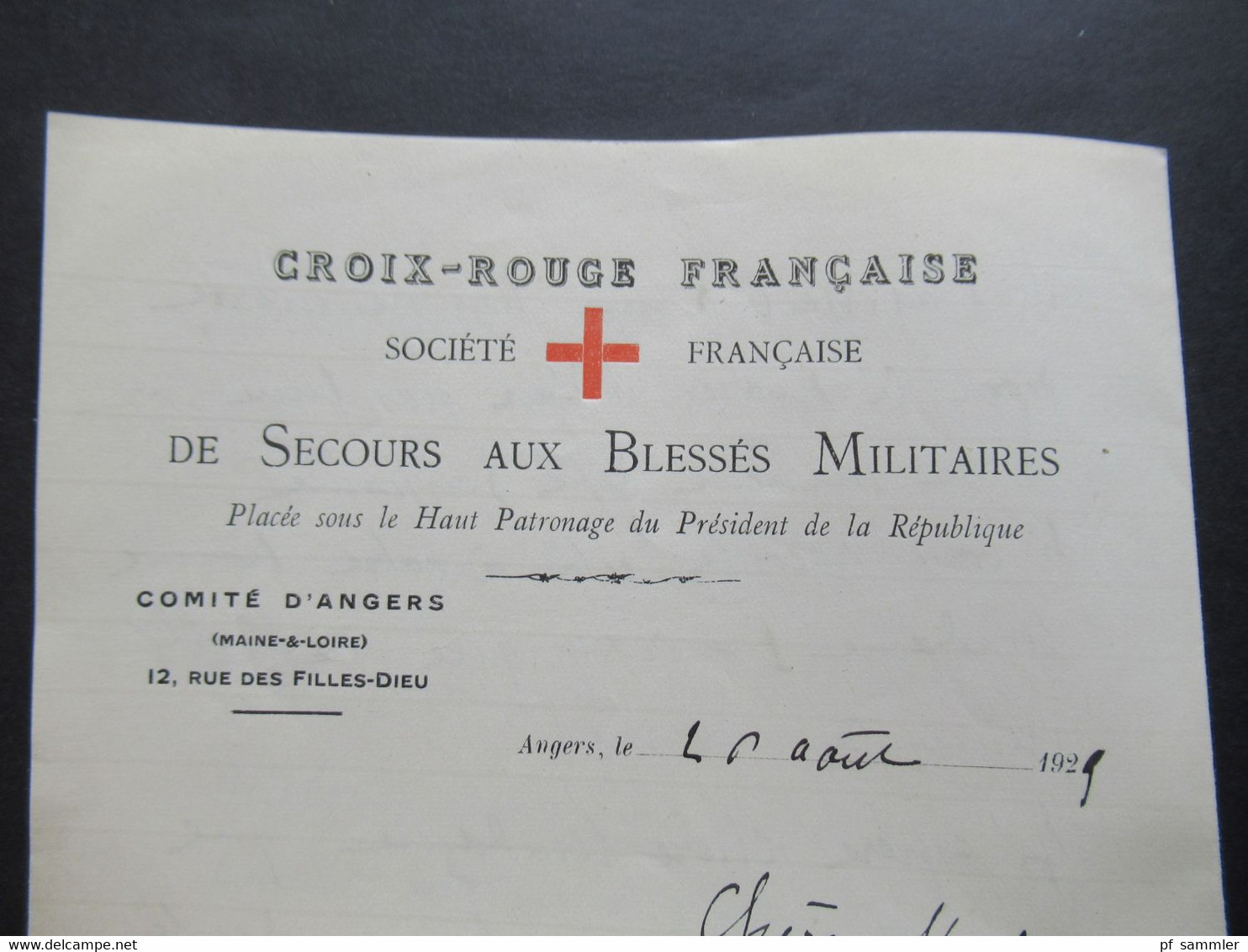 Frankreich 1921 Croix Rouge Francaise Societe Francaise De Secours Aux Blesses Militaires Comité D'Angers - Documenti