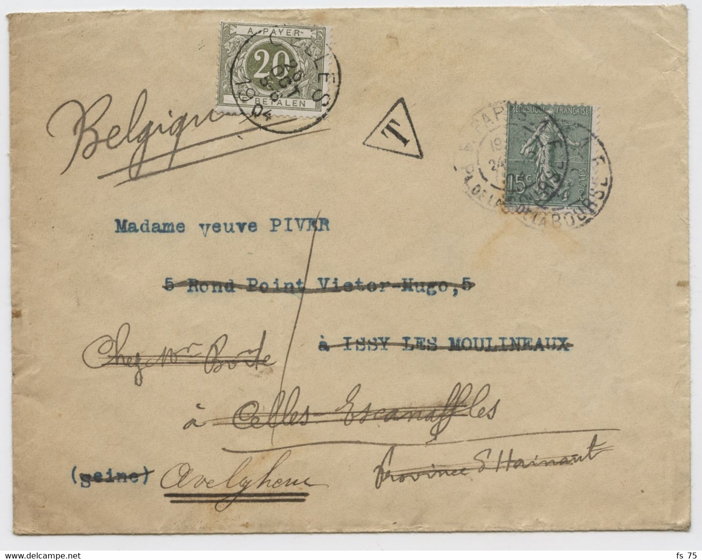 BELGIQUE - COB TAXE 56 SC CELLES SUR LETTRE DE PARIS REEXPEDIEE A AVELGHEM, 1904 - Brieven En Documenten