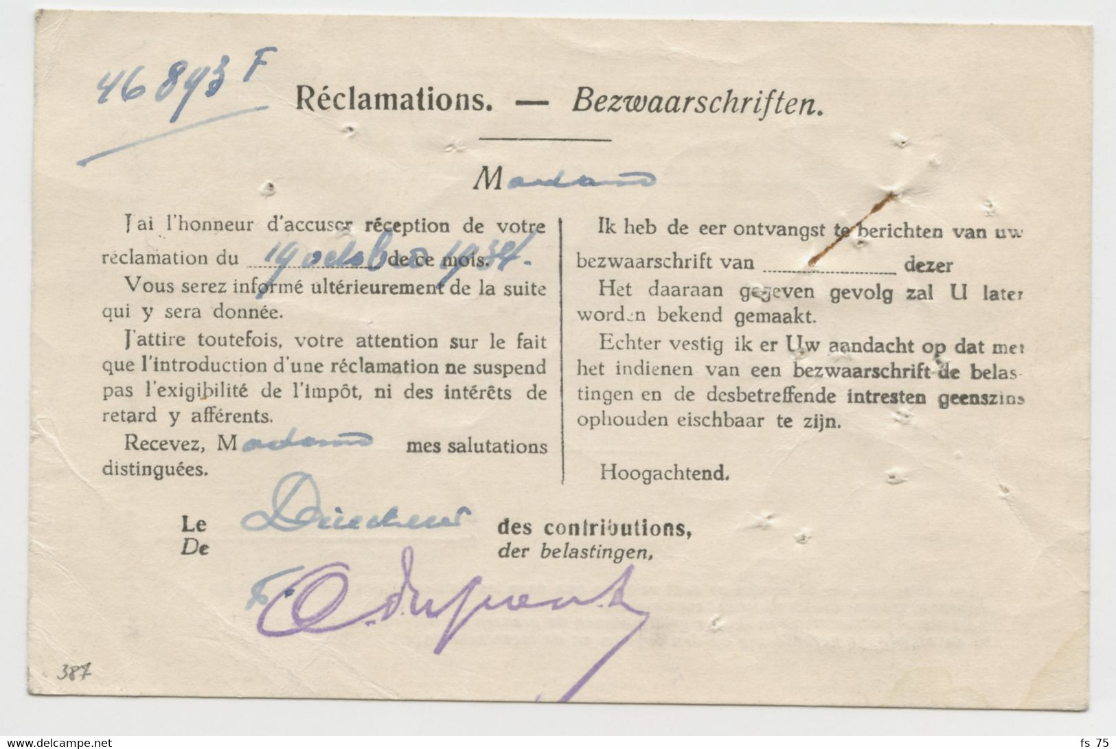 BELGIQUE - COB 387 1F ROUGE EXPOSITION DE BRUXELLES SUR CARTE DES CONTRIBUTIONS POUR LA FRANCE, 1934 - Autres & Non Classés