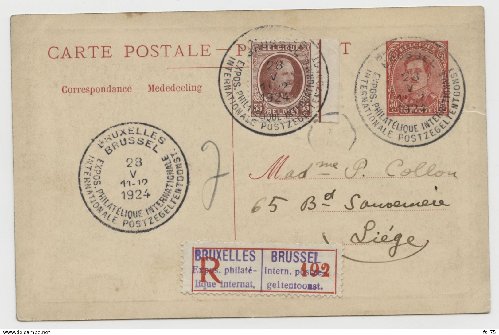 BELGIQUE - COB 138+202 SUR ENTIER CARTE POSTALE 15C VIOLET ALBERT 1ER OSTENDE-DOUER RECOMMANDE BRUXELLES EXPOSITION PHIL - Cartes Postales 1909-1934