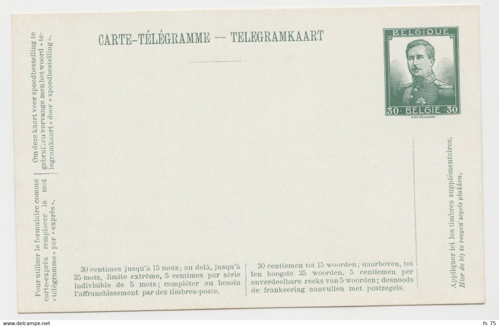 BELGIQUE - ENTIER NEUF 30C VERT PELLENS CARTE TELEGRAMME - Telegraph [TG]