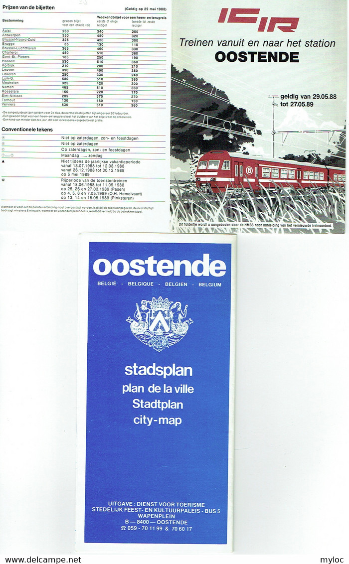 Horaire Trains (7 Volets Recto-verso). Ostende 1988/89 + Plan De La Ville. Lot De 2 Articles. - Europa