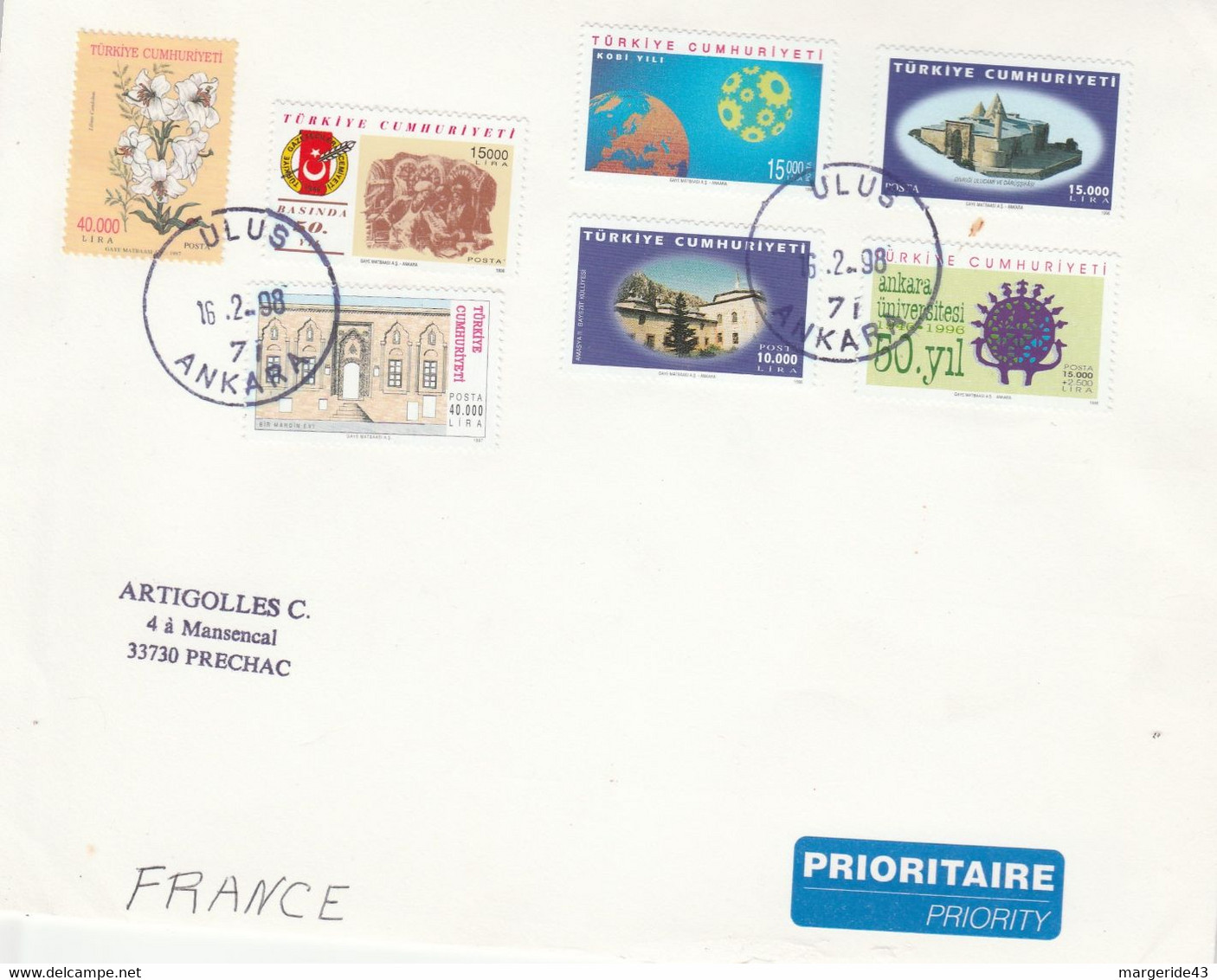 TURQUIE AFFRANCHISSEMENT COMPOSE SUR LETTRE POUR LA FRANCE 1998 - Covers & Documents