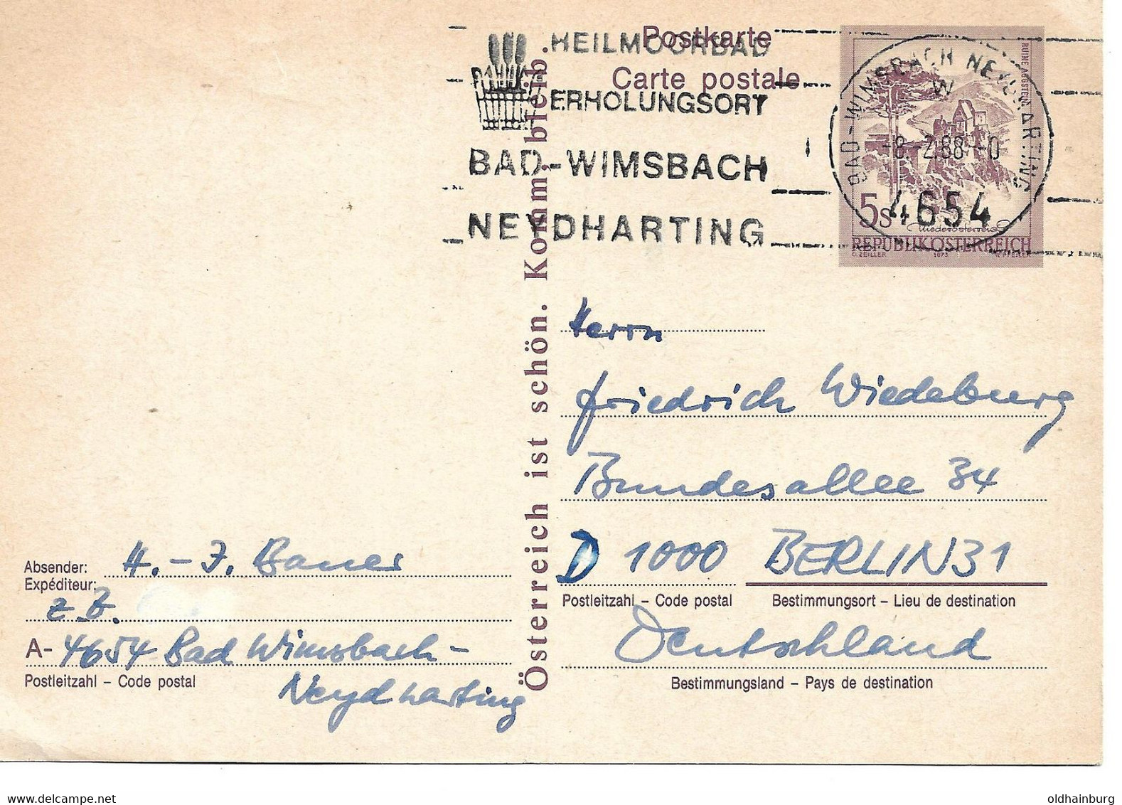 3212n: Österreich 1988, Heilmoorbad 4654 Bad Wimsbach- Neydtharting, Postkarte Nach Berlin - Kuurwezen