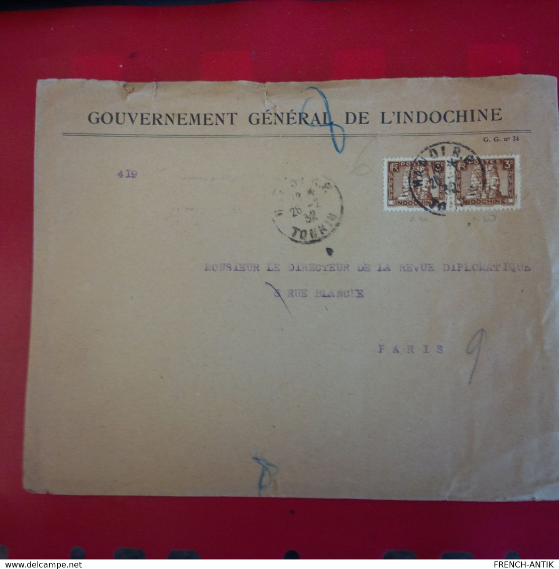 LETTRE GOUVERNEMENT GENERAL DE L INDOCHINE HANOI POUR PARIS - Storia Postale