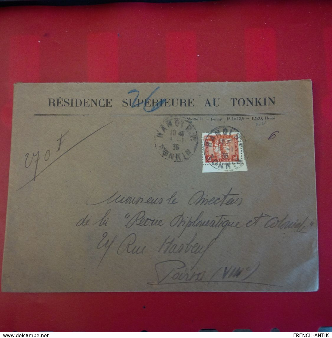 LETTRE RESIDENCE SUPERIEURE AU TONKIN POUR PARIS 1936 - Storia Postale