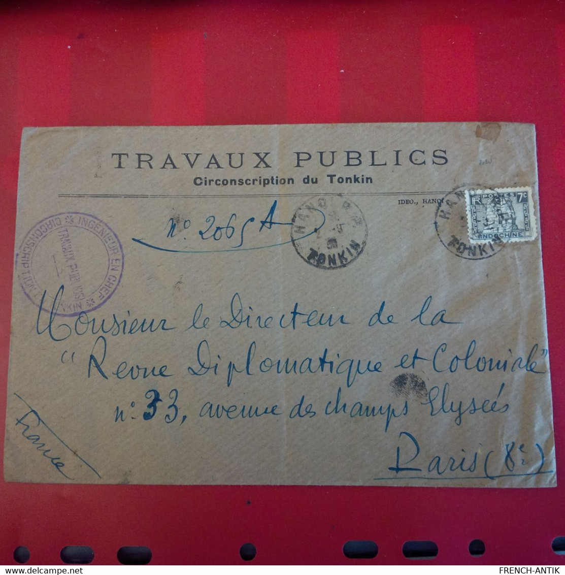 LETTRE TRAVAUX PUBLICS CIRCONSCRIPTION DU TONKIN CACHET  HANOI POUR PARIS - Storia Postale
