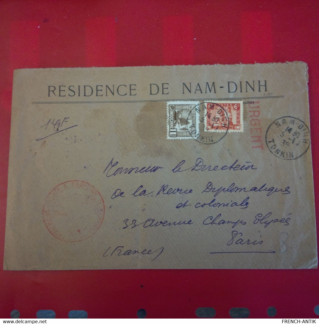 LETTRE RESIDENCE DE NAM DINH POUR PARIS 1939 - Storia Postale