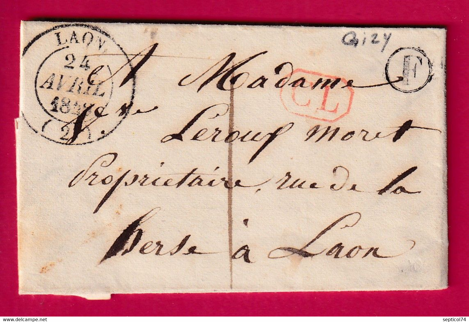 CAD TYPE 14 LAON AISNE TAXE LOCALE 1 CL ROUGE BOITE RURALE F GIZY POUR LAON LETTRE COVER FRANCE - 1801-1848: Precursors XIX