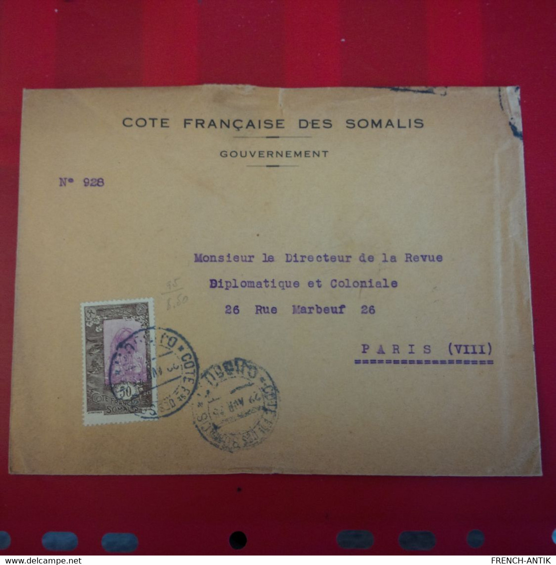 LETTRE COTE FRANCAISE DES SOMALIS POUR PARUS DIRECTEUR DE LA REVUE DIPLOMATIQUE ET COLONIALE - Sonstige & Ohne Zuordnung