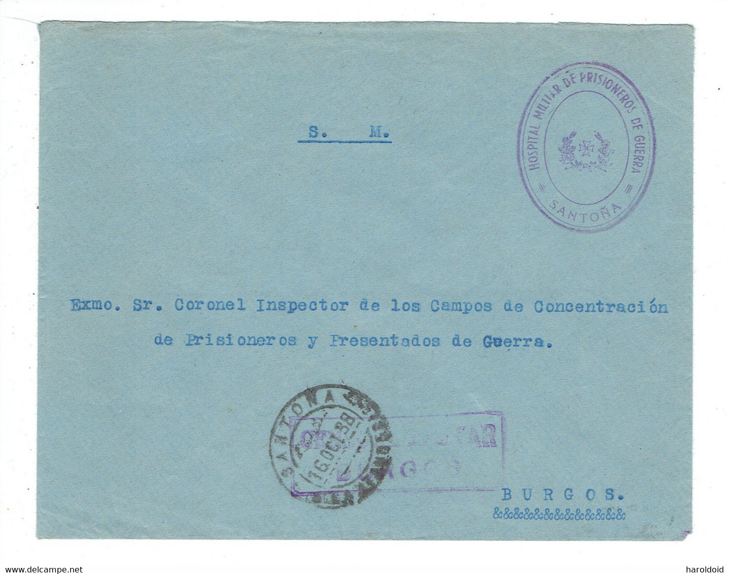 Guerre D'Espagne - L En Franchise - Hopital Militaire De Prisonniers De Guerre - CàD SANTOÑA - 16 Oct 1938 - TB - Nationalists Censor Marks