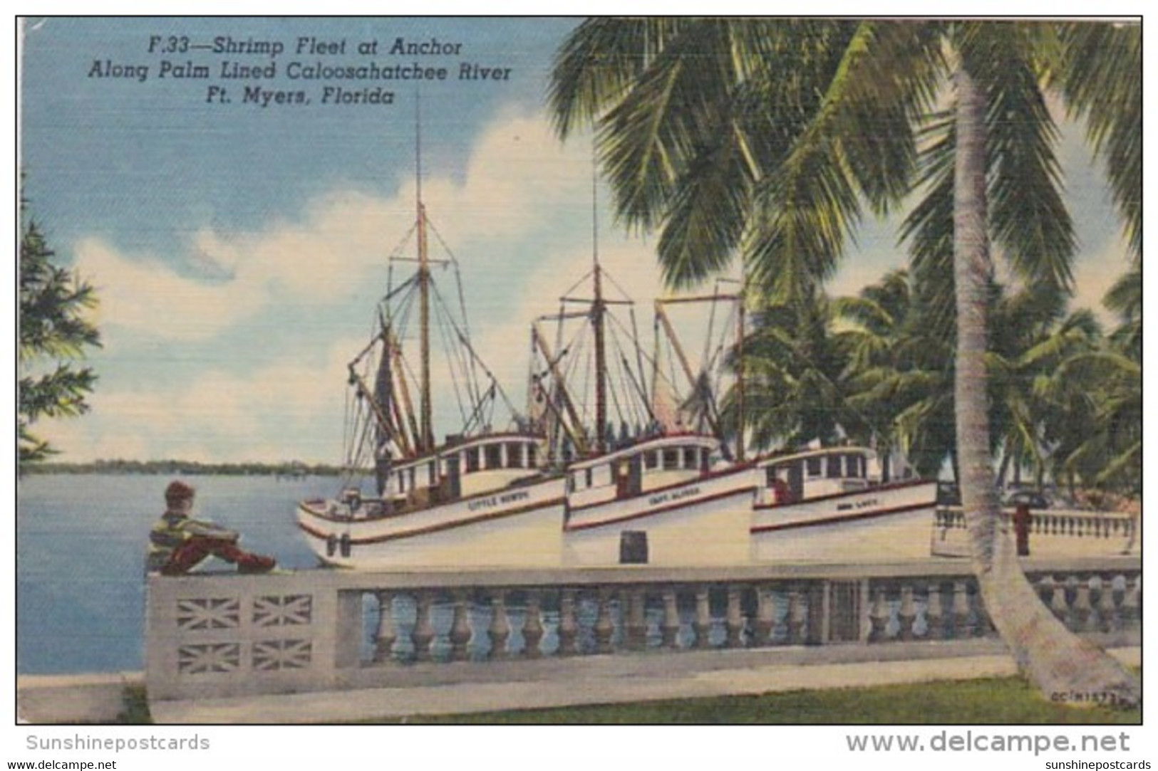 Florida Fort Myers Shrimp Fleet At Anchor Along Calooashatchee River 1955 Curteich - Fort Myers