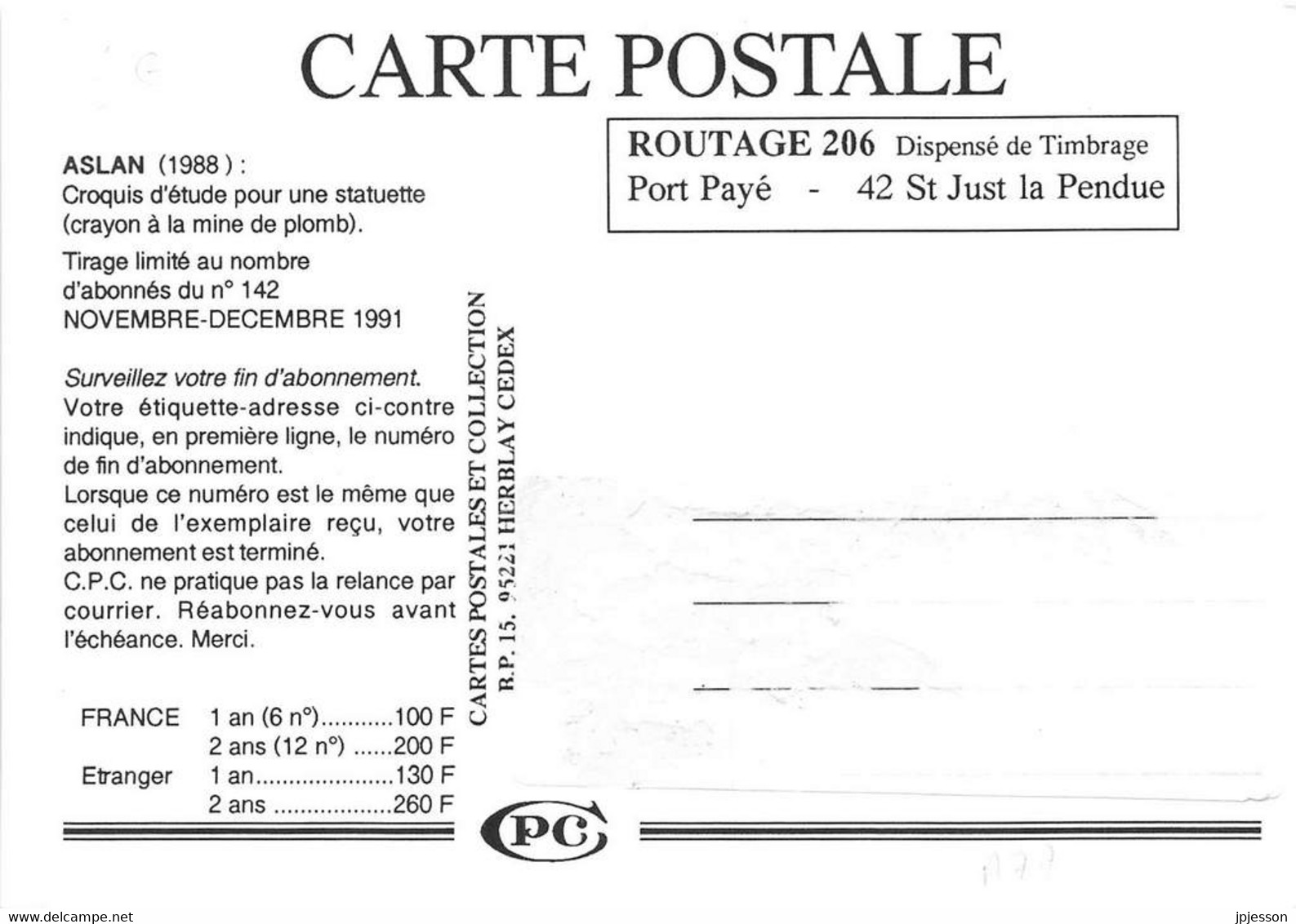 ILLUSTRATEUR (A) - ASLAN - CROQUIS D'ETUDE POUR UNE STATUETTE - FEMME - EDITION "CPC" 1991 - Aslan