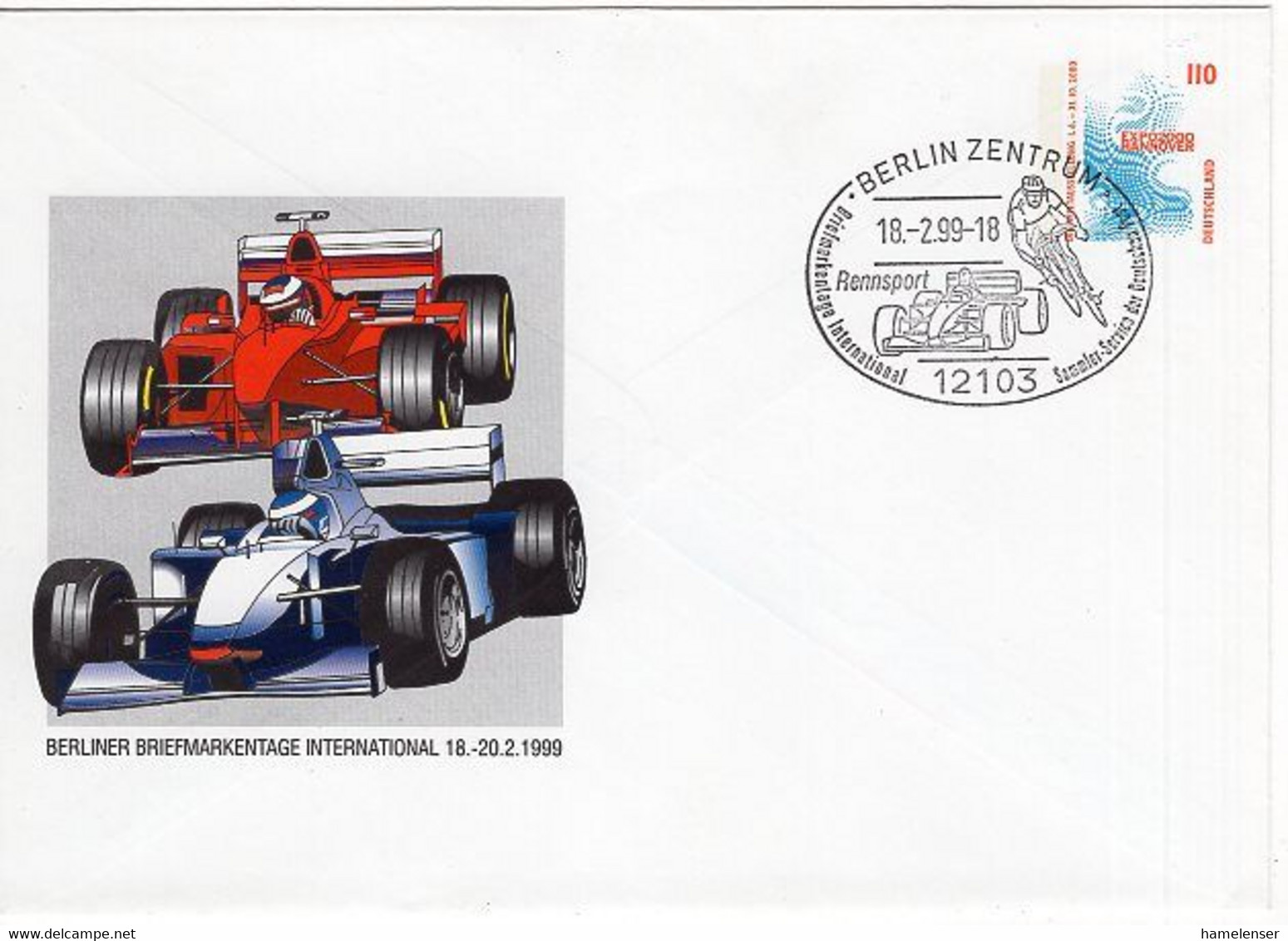 51614 - Bund - 1999 - 110Pfg SWK PGAUmschl "Berliner Briefmarkentage" BERLIN - ... RENNSPORT - Automobile