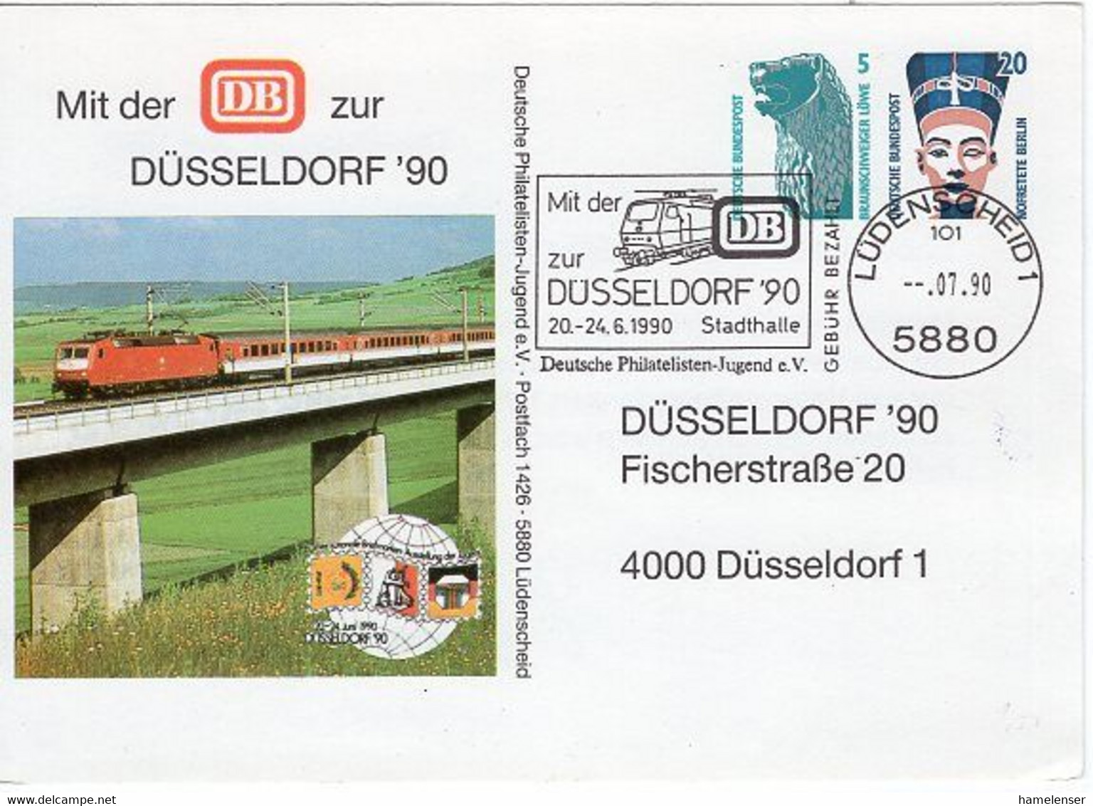 51626 - Bund - 1990 - 5&20Pfg. SWK PGAKte "Mit Der DB Zur DUESSELDORF '90" AbsStpl LUEDENSCHEID -> Duesseldorf - Trains