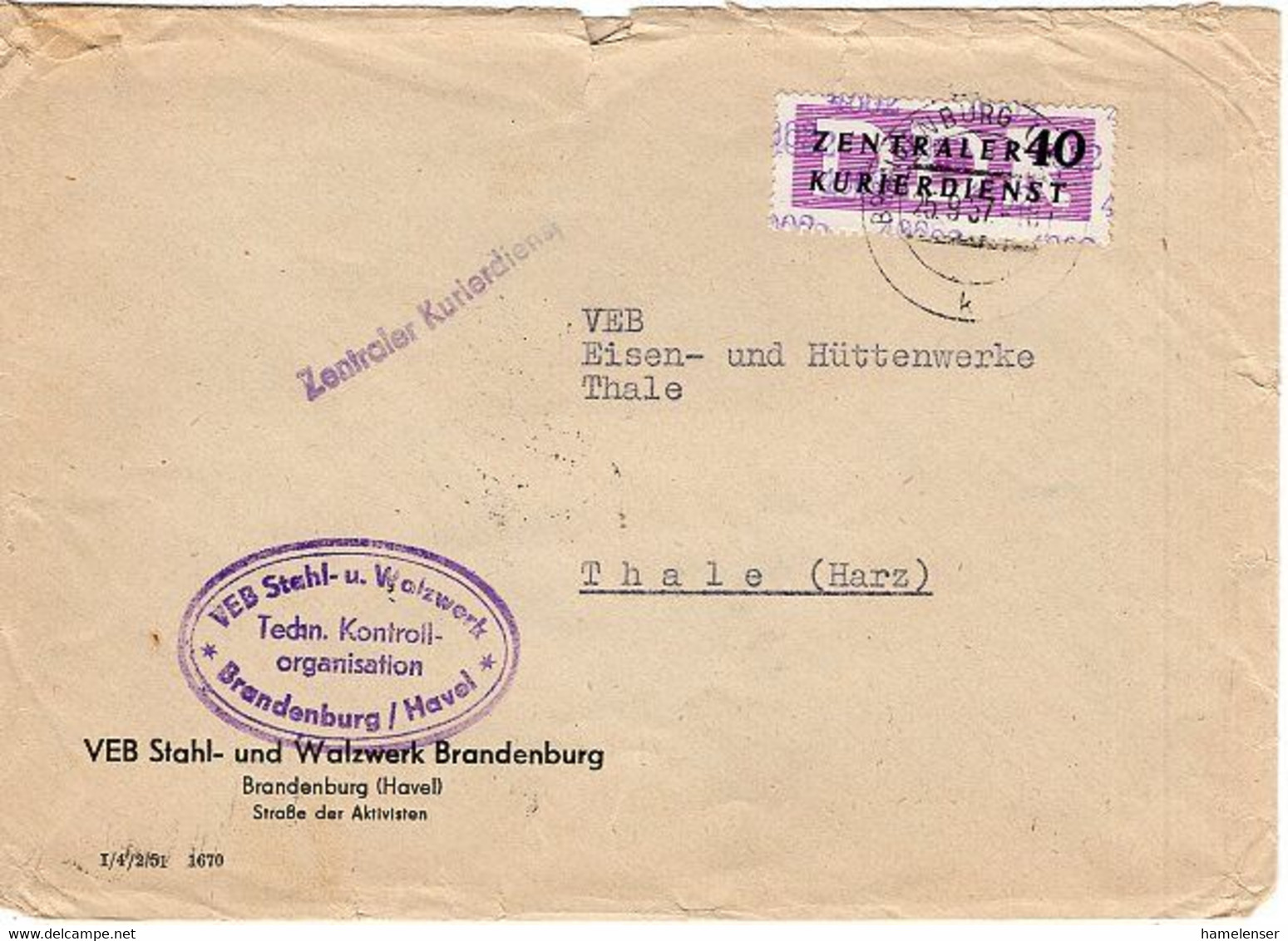 51631 - DDR / ZKD - 1957 - 40Pfg ZKD "4002" EF A Bf BRANDENBURG -> BERLIN -> Thale - Sonstige & Ohne Zuordnung