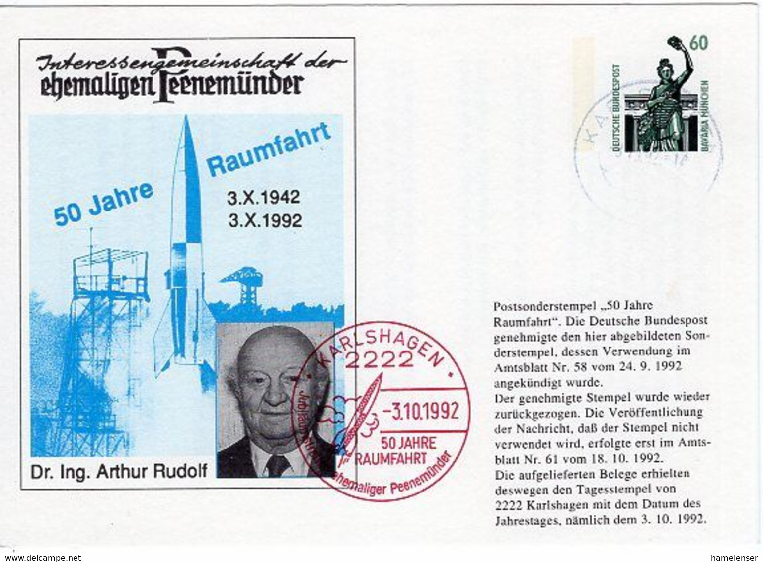 51636 - Bund - 1992 - 60Pfg SWK PGAKte "IG Der Ehemaligen Peenemuender - Dr. Arthur Rudolf" KARLSHAGEN - Europa