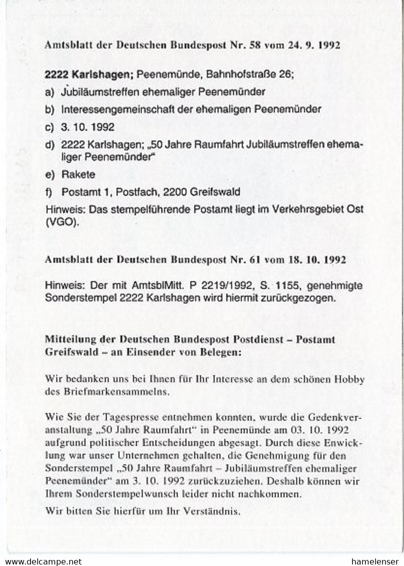 51637 - Bund - 1992 - 60Pfg SWK PGAKte "IG Der Ehemaligen Peenemuender - Dr. Eberhard Rees" KARLSHAGEN - Europa