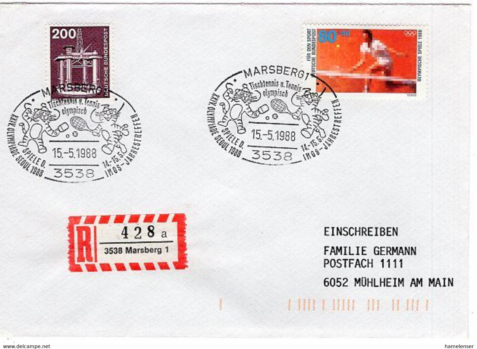 51657 - Bund - 1988 - 80Pfg Sport MiF A R-Bf MARSBERG - TISCHTENNIS U. TENNIS OLYMPISCH ... -> Muehlheim - Ete 1988: Séoul