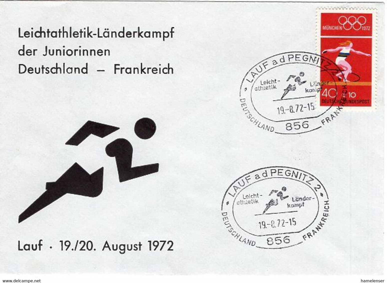 51658 - Bund - 1972 - 40Pfg Olympia '72 EF A SoUmschl LAUF - LEICHTATHLETIK-LAENDERKAMPF DEUTSCHLAND-FRANKREICH - Athlétisme
