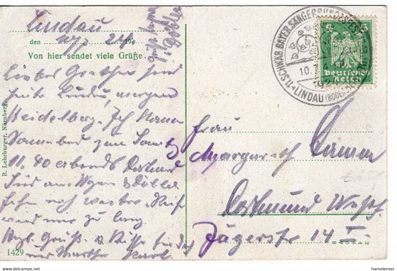 51666 - Deutsches Reich - 1924 - 5Pfg Adler EF A Kte LINDAU - 11.SCHWAEB.BAYER. SAENGERBUNDESFEST -> Dortmund - Music
