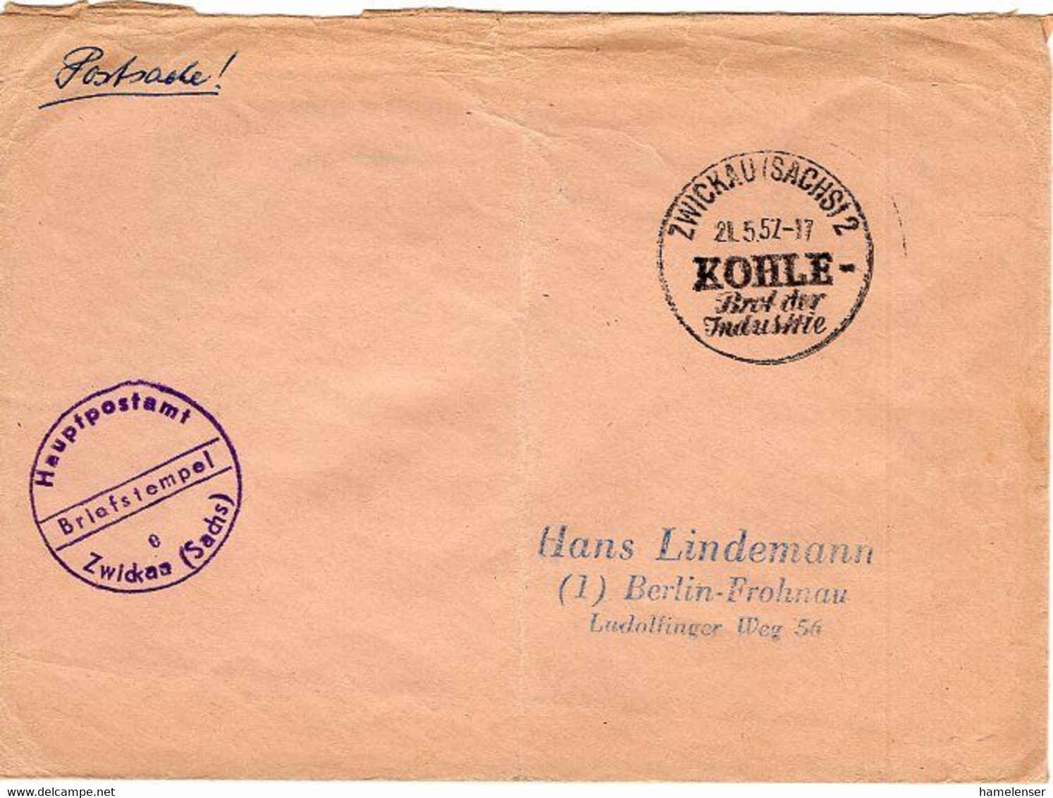 51673 - DDR - 1957 - PostsacheBf ZWICKAU - KOHLE BROT DER INDUSTRIE -> Ost-Berlin - Sonstige & Ohne Zuordnung