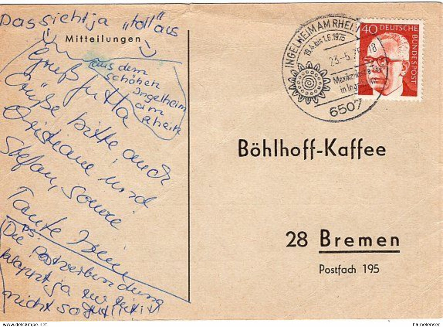 51677 - Bund - 1975 - 40Pfg. Heinemann EF A Kte INGELHEIM - MEXIKANISCHE TAGE IN INGELHEIM -> Bremen - Covers & Documents