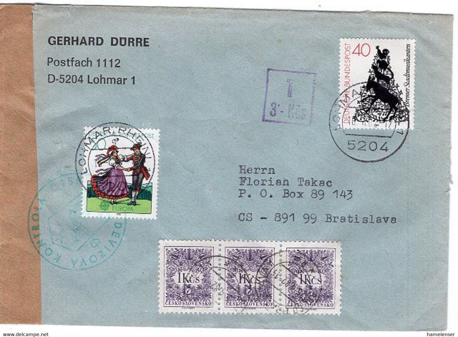 51683 - Bund - 1982 - 50Pfg CEPT '81 MiF A Bf M Tschech Zensur LOHMAR -> BRATISLAVA (CSSR), M. 3,00 Kcs. Nachporto - Postage Due