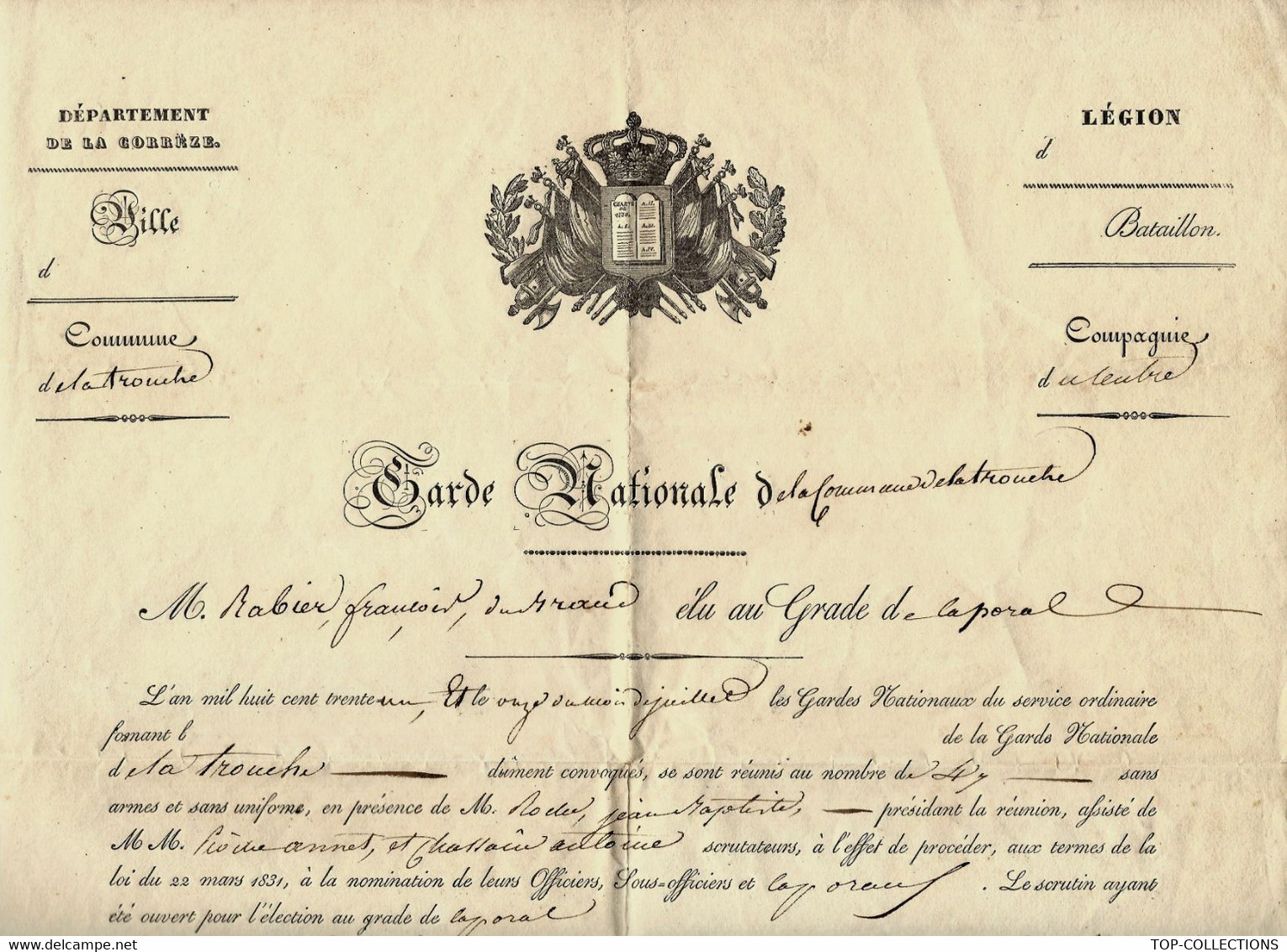 MILITAIRES MILITARIA 1831 CORREZE Commune De « LATRONCHE »  GARDE NATIONALE NOMINATION CAPORAL RABIER - Documents Historiques