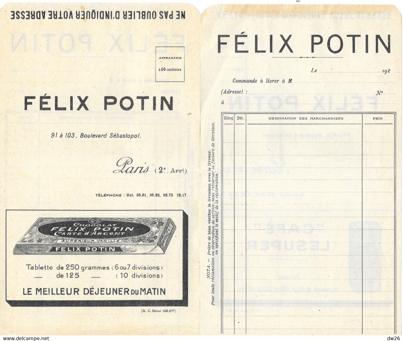 Bon De Commande Magasin Felix Potin, Paris - Publicité Chocolat Felix Potin, Meilleur Déjeuner Du Matin - 1900 – 1949