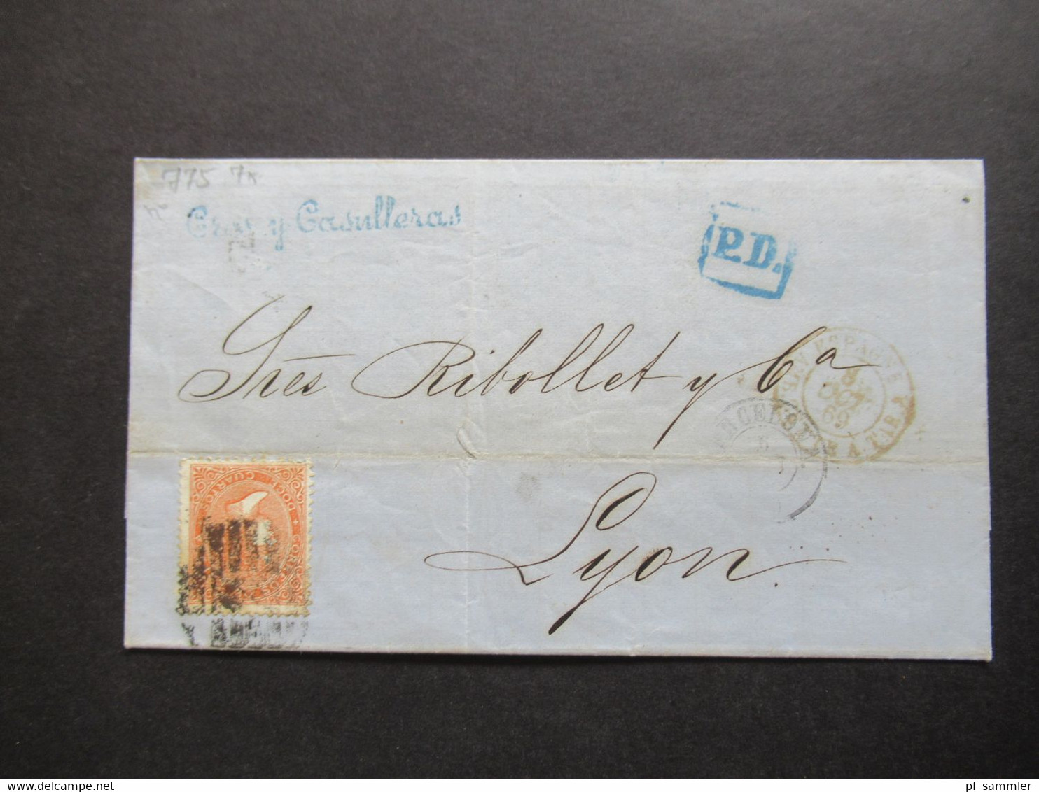 Spanien 1869 Michel Nr.90 EF Blauer Stempel PD Und K2 Espagne AMB Cette A Tar C Barcelona - Lyon - Briefe U. Dokumente