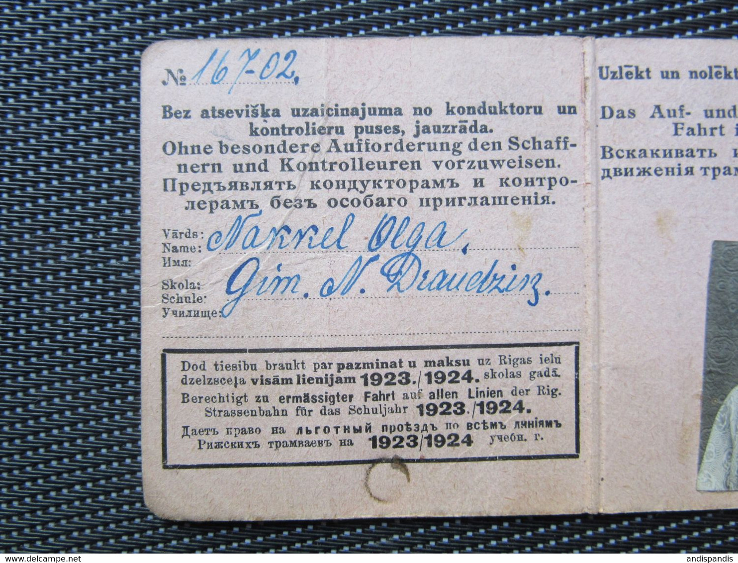 Y1923/24 Riga City  Train Monthly Ticket For Student /  German Russian Lang. Latvia - Europa