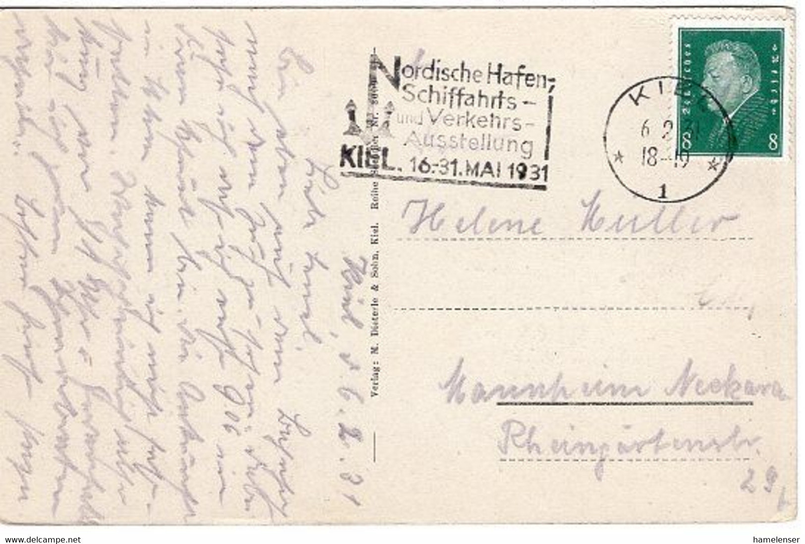 51687 - Deutsches Reich - 1931 - 8Pfg. Ebert EF A AnsKte KIEL - NORDISCHE ..., SCHIFFAHRTS- ... AUSSTELLUNG -> Mannheim - Maritiem
