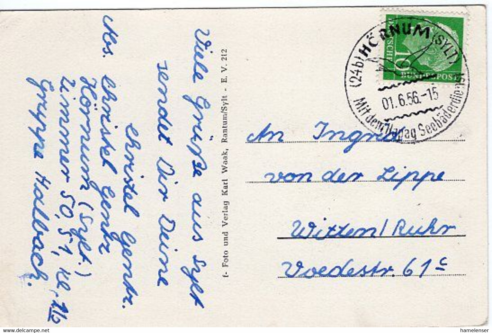 51688 - Bund - 1956 - 10Pfg. Heuss I EF A AnsKte HOERNUM - ... -> Witten - Seagulls