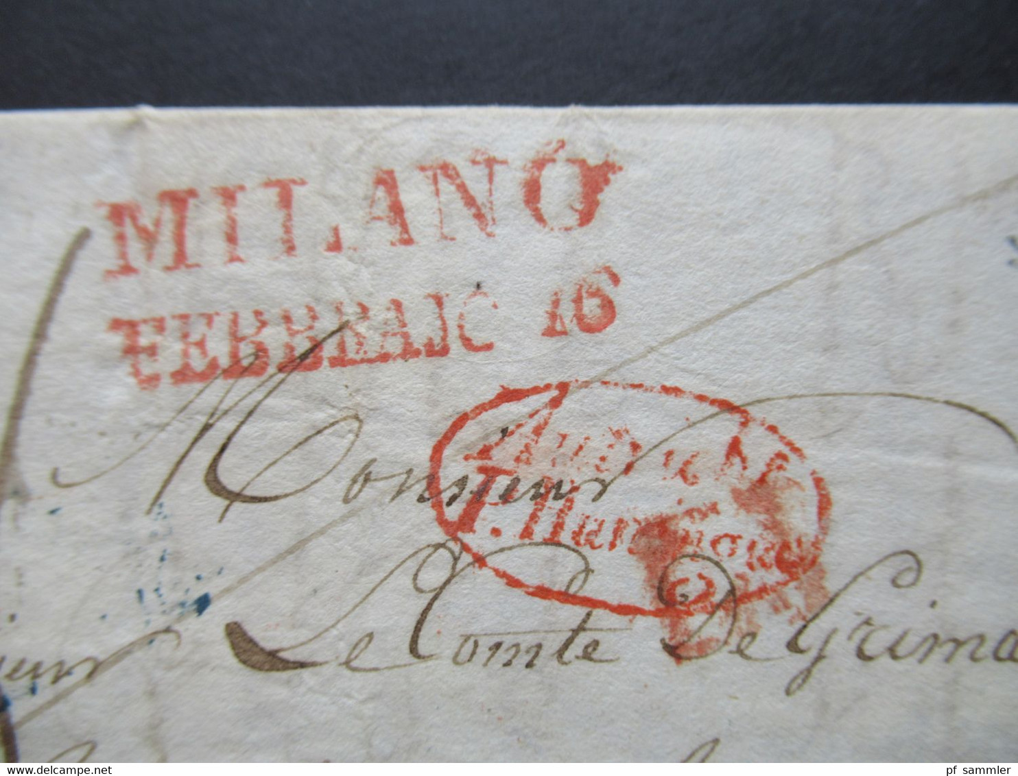 16.2.1836 Transit Roter Ovalstempel Autriche P. Huningue Und Roter L2 Milano Febbraio 16 Nach Paris Hotel Du Hainault - 1. ...-1850 Prephilately