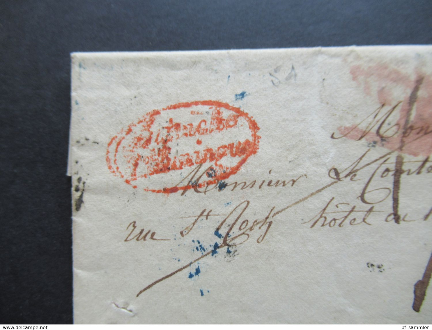 16.2.1836 Transit Roter Ovalstempel Autriche P. Huningue Und Roter L2 Nach Paris Hotel Du Hainault / 2x Stempel Ra1 J.17 - ...-1850 Préphilatélie