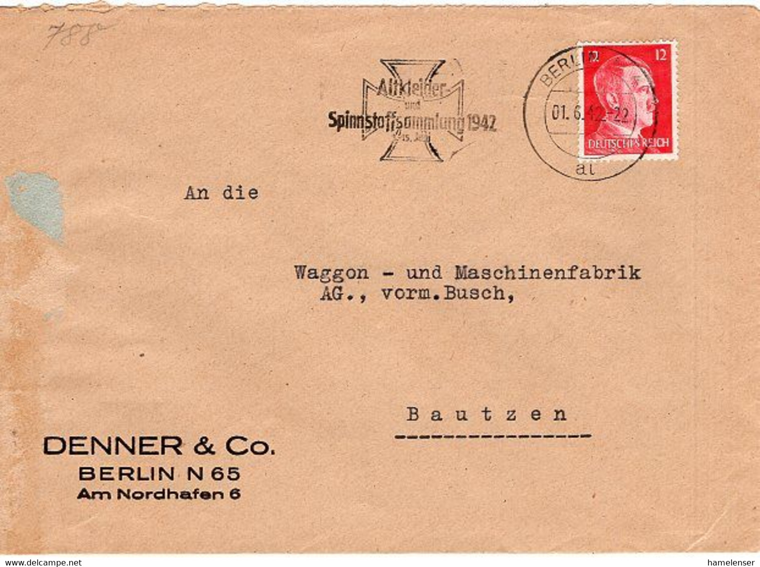 51690 - Deutsches Reich - 1942 - 12Pfg Hitler EF A Bf BERLIN - ALTKLEIDER- UND SPINNSTOFFSAMMLUNG ... -> Bautzen - Textile
