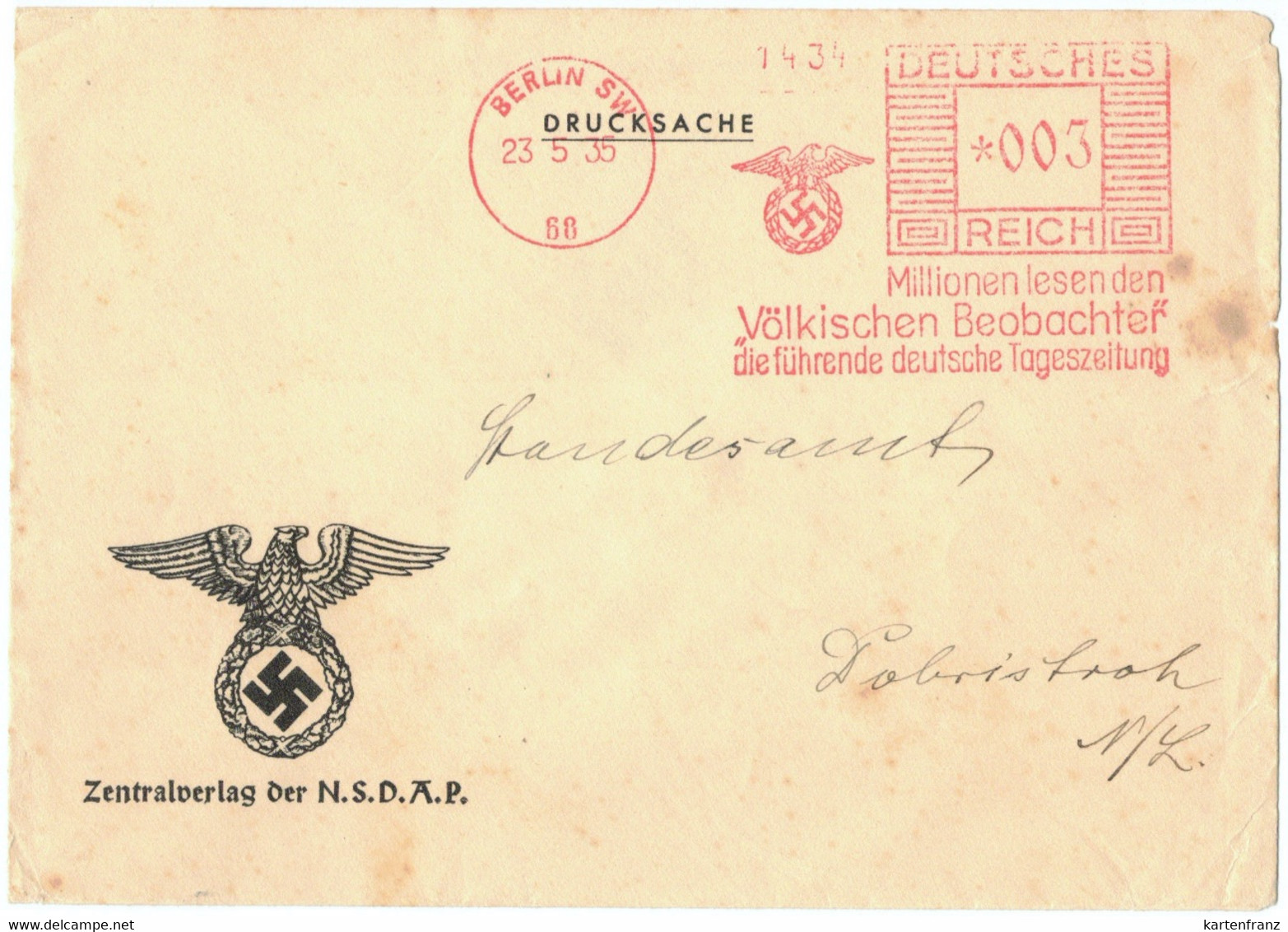 Beleg Brief DR Deutsches Reich - O 1935 -  NSDAP Zentral Verlag Berlin - Freistempel !!! Völkischer Beobachter - Zeitung - Covers & Documents