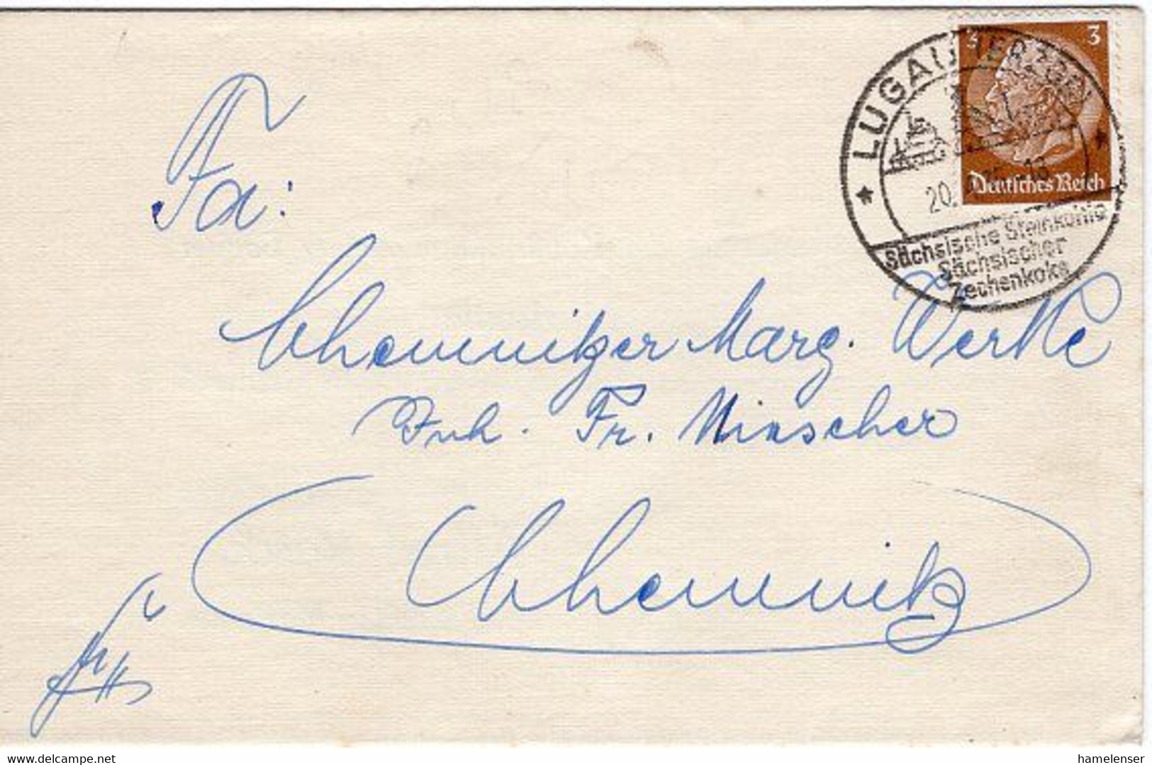 51695 - Deutsches Reich - 1935 - 3Pfg Hindenburg EF LUGAU - SAECHSISCHE STEINKOHLE ... -> Chemnitz - Sonstige & Ohne Zuordnung