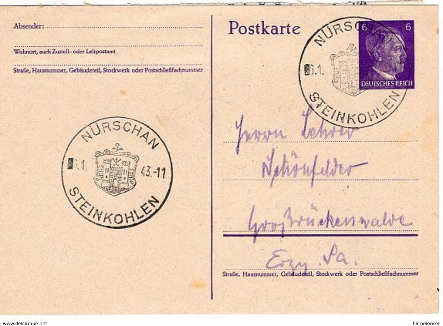 51696 - Deutsches Reich - 1943 - 6Pfg Hitler GAKte NUERSCHAN - STEINKOHLEN -> Grossrueckenwalde (rs. Klebereste) - Andere & Zonder Classificatie