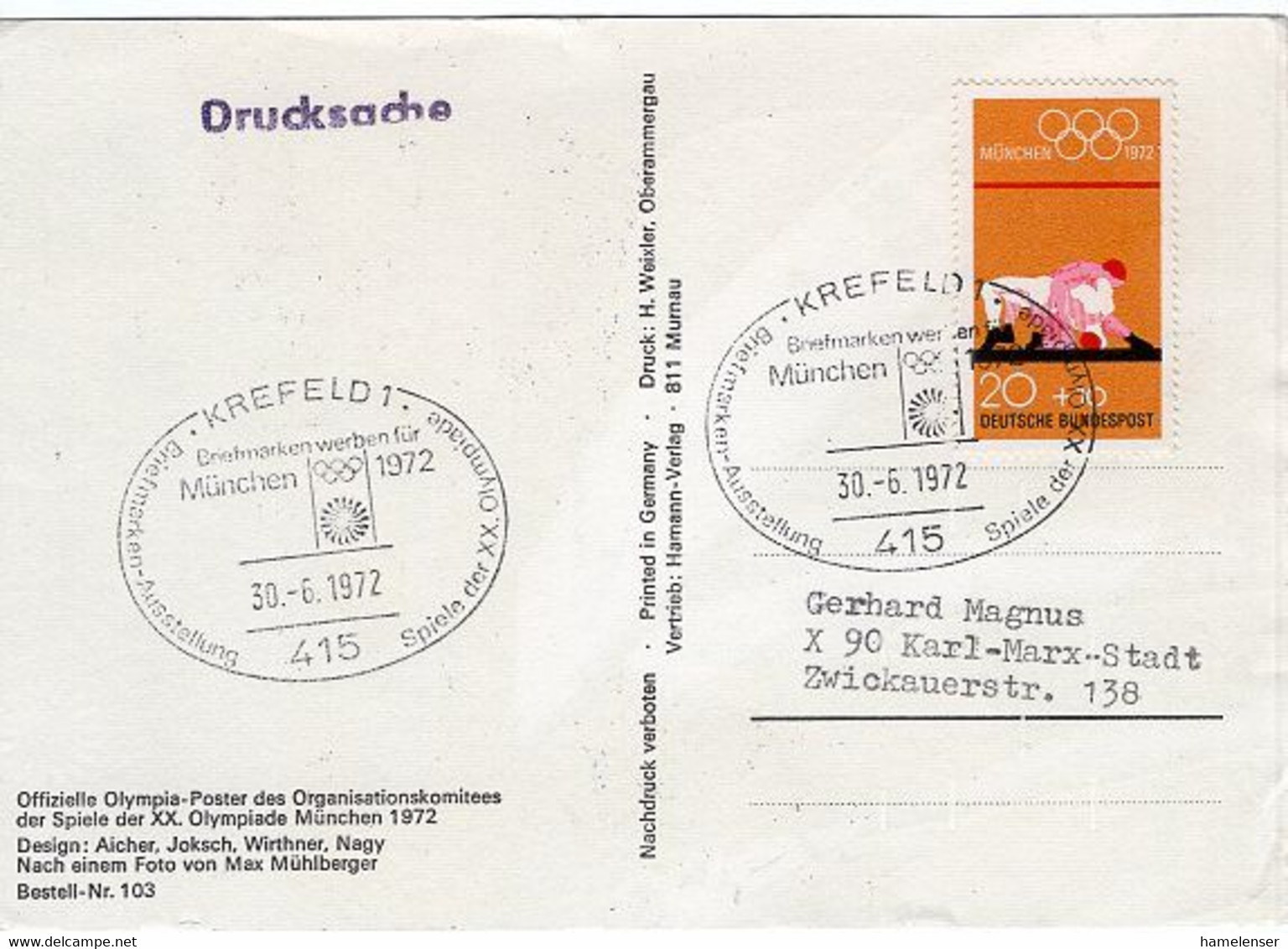 51699 - Bund - 1972 - 20Pfg Olympiade '72 EF A AnsKte KREFELD - BRIEFMARKEN WERBEN ... -> DDR - Summer 1972: Munich