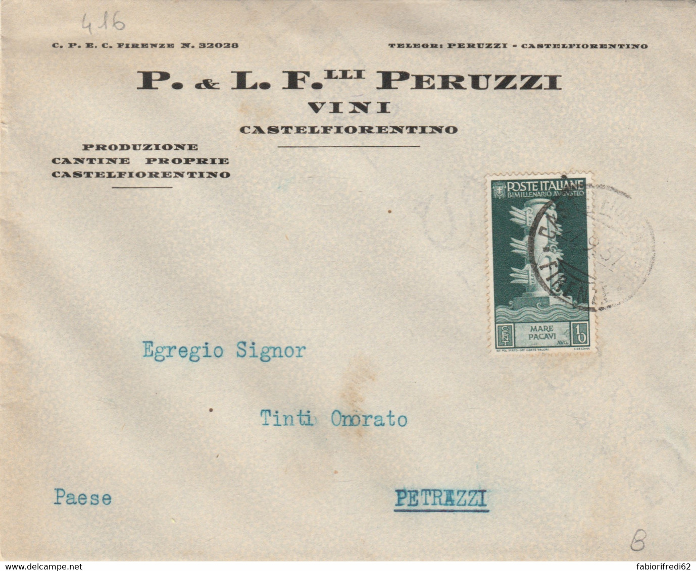 LETTERA 1937 C.10 AUGUSTO TIMBRO CASTELFIORENTINO FIRENZE (RY4561 - Marcofilie