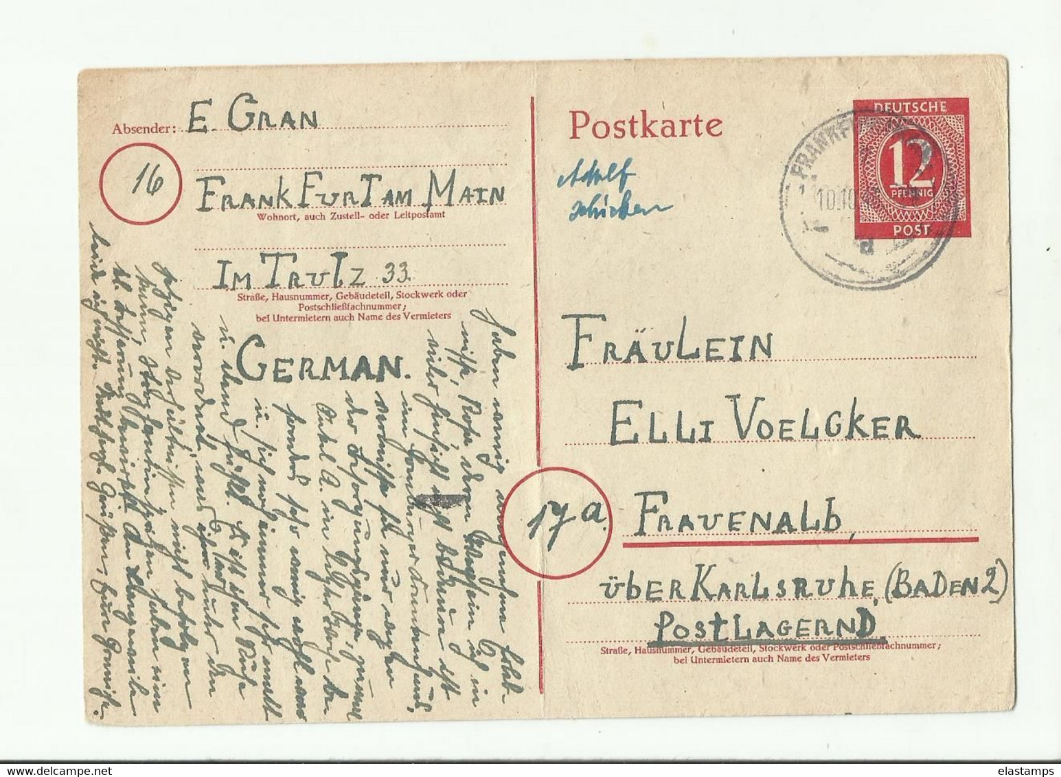 DP GS 1946 FRANKFURT - Enteros Postales