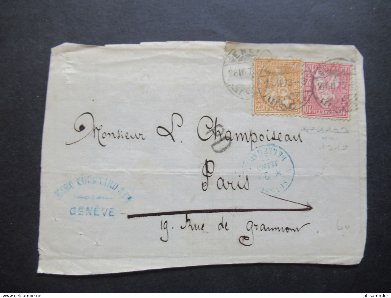 Schweiz 1873 Michel Nr.24 Und Nr.30 MiF Geneve - Paris Briefvorderseite / VS Blauer K2 Suisse Belgarde - Lettres & Documents